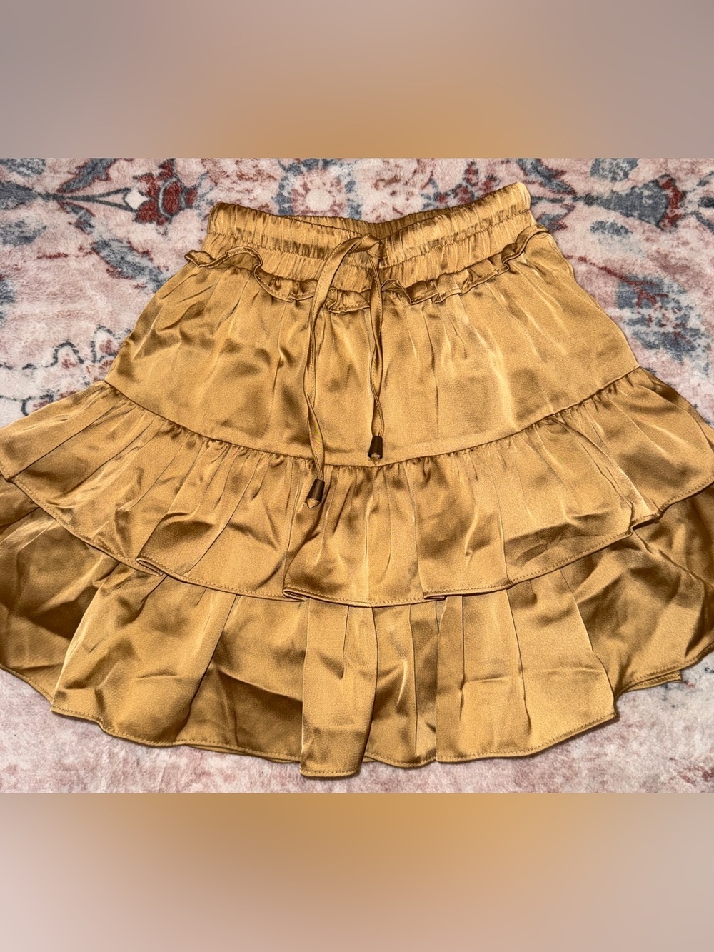 Girls' Gold Satin Tiered Ruffle Skort with Drawstring Waist size 5/6